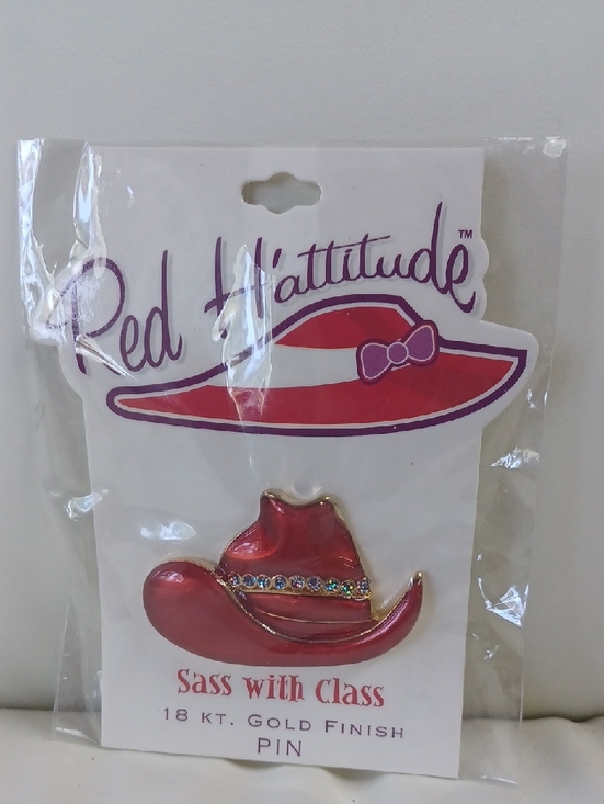 D.M. Production Jewelry - New In Pkg Red H'attitude Cowboy Hat Pin With Rhinestones and 18k Gold Finish